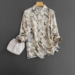 Satin Vintage Women Blouses Spring/summer Prints Korean Clothing Sales Loose Long Sleeves Tops Polo-neck Silk Women's Shirts