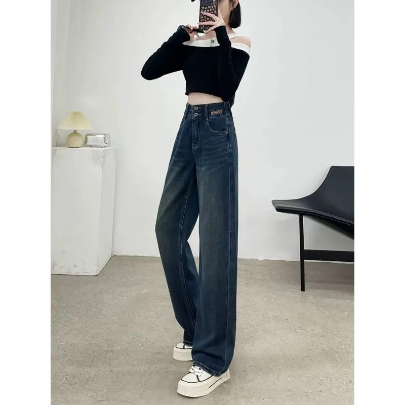 Jean rétro américain à jambes larges pour femmes, petit pantalon taille haute à neuf points, ample et fin, jambes droites et étroites, nouvelle collection printemps automne