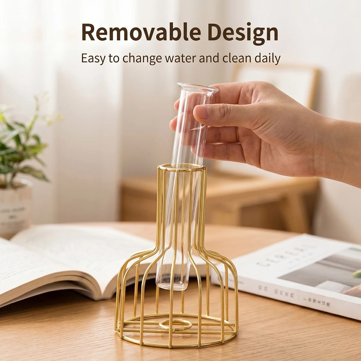 Modern Geometric Metal Frame Vase with Removable Glass Tube, Gold/Black Hydroponic Plant Holder for Desk Decor