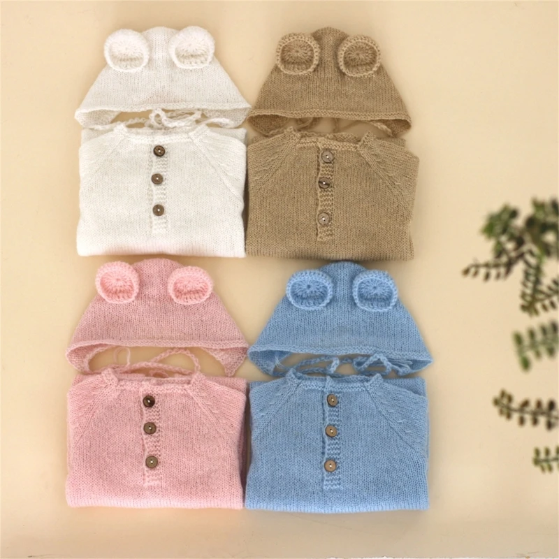 Newborn Photo Props Mohair Bear Costume Bonnet Hat Baby Footed Romper PhotoShooting Clothes Photostudio Accessory 2PCS