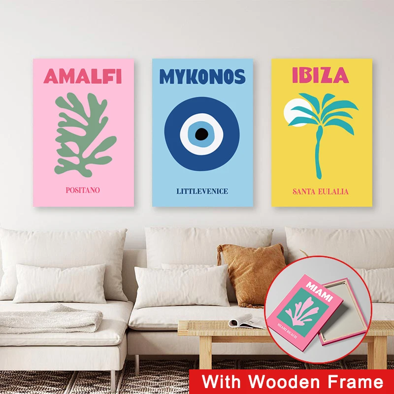 

Framed Mykonos Ibiza Miami Bondi Amalfi St.tropez Colourful Canvas Painting Travel Print Abstract Poster Nordic Wall Art Decor