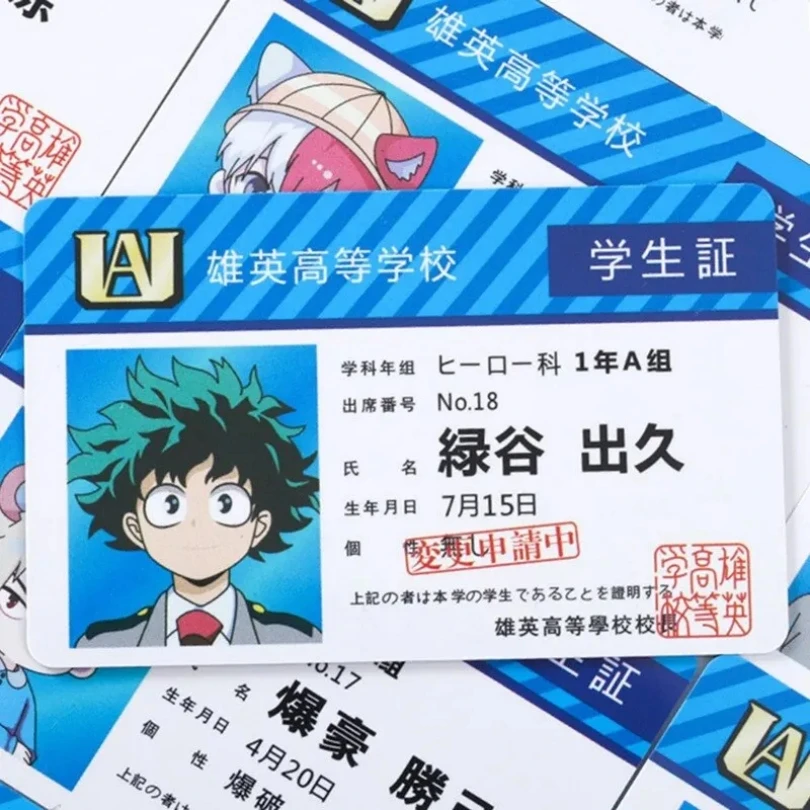 Anime Periférico Meu herói Academia PVC Student ID Card, Cartão Food School, 1Pc