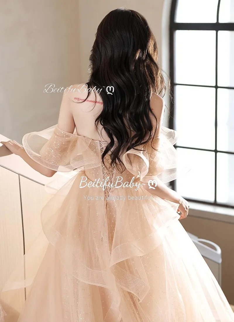 BeitifuBaby Princess Style Evening Dress for Women Vintage Off The Shoulder Ruffles Skirt Lace-up Banquet Gown Vestido De Festa