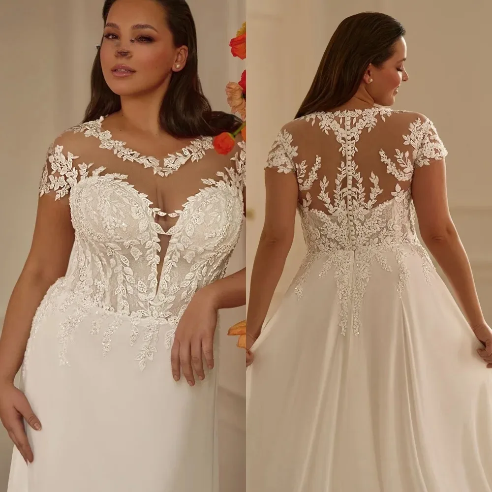 Charming Plus Size Cap Sleeves Wedding Dresses Lace Appliques Button Illusion A-line Scoop Neck Vestidos De Novia Customised