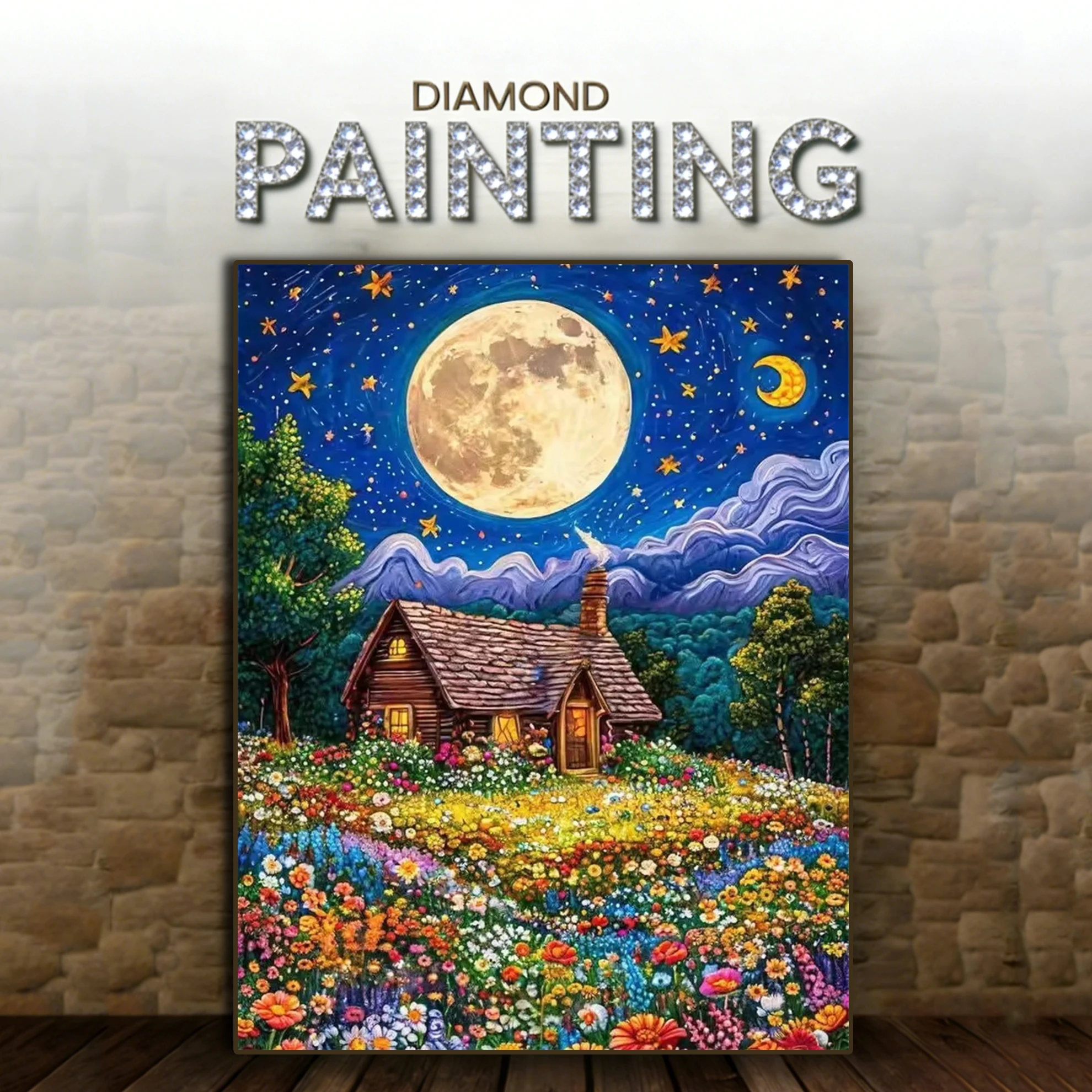 AZQSD Diamantmalerei Haus-Landschaft Kunsthandwerk Strass-Bilder Diamant-Mosaik Mond Wohndekor-Artikel