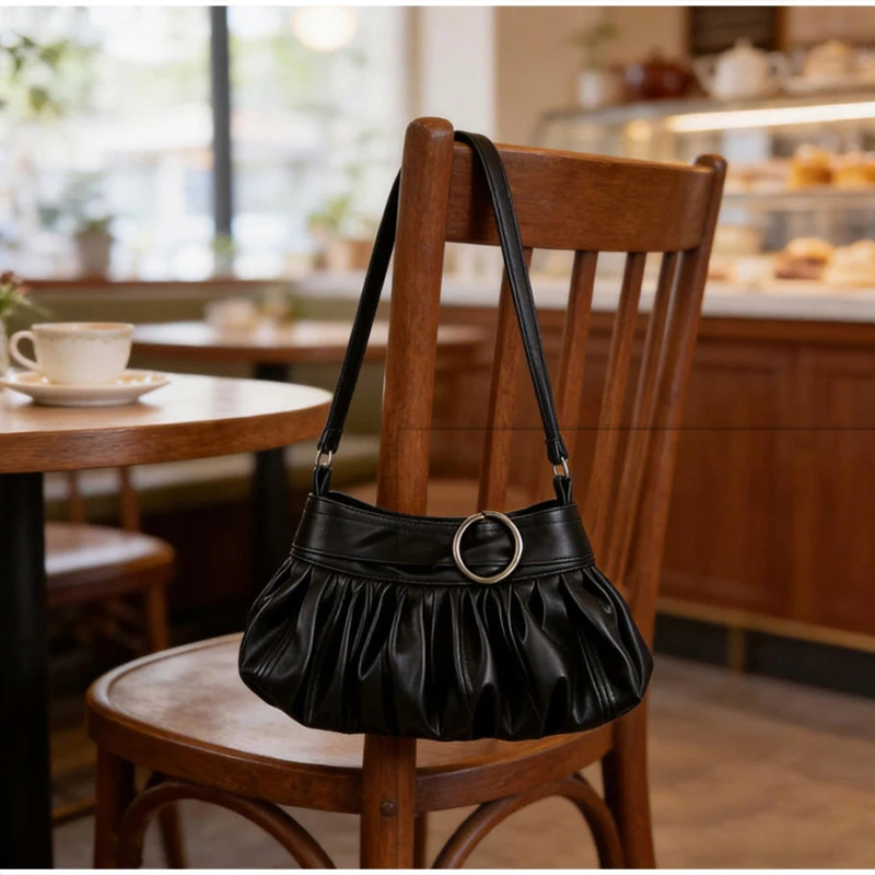Koreanische Umhängetasche mit Polka Dots, große Tragetasche mit plissiertem Design und Holzknopf-Dekor, niedliche lässige Handtasche für Mädchen – Detail 29
