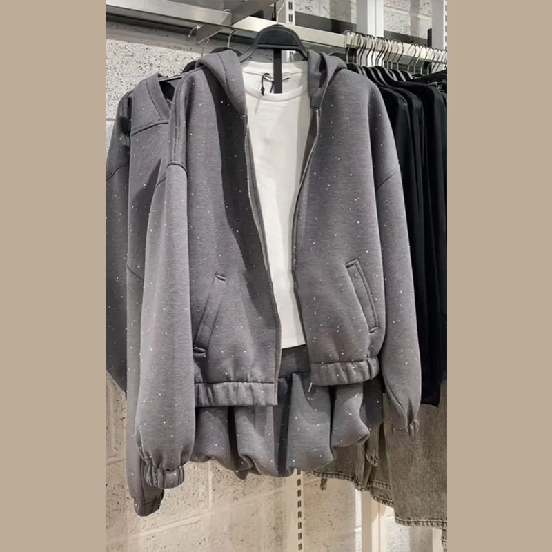 الخريف الشتاء حجر الراين مقنعين سترة تنورة مجموعات فاخرة فضفاضة قلنسوة بسحاب معطف تنورة صغيرة 2025 جديد سيدة حفلة Sweatsuits #5