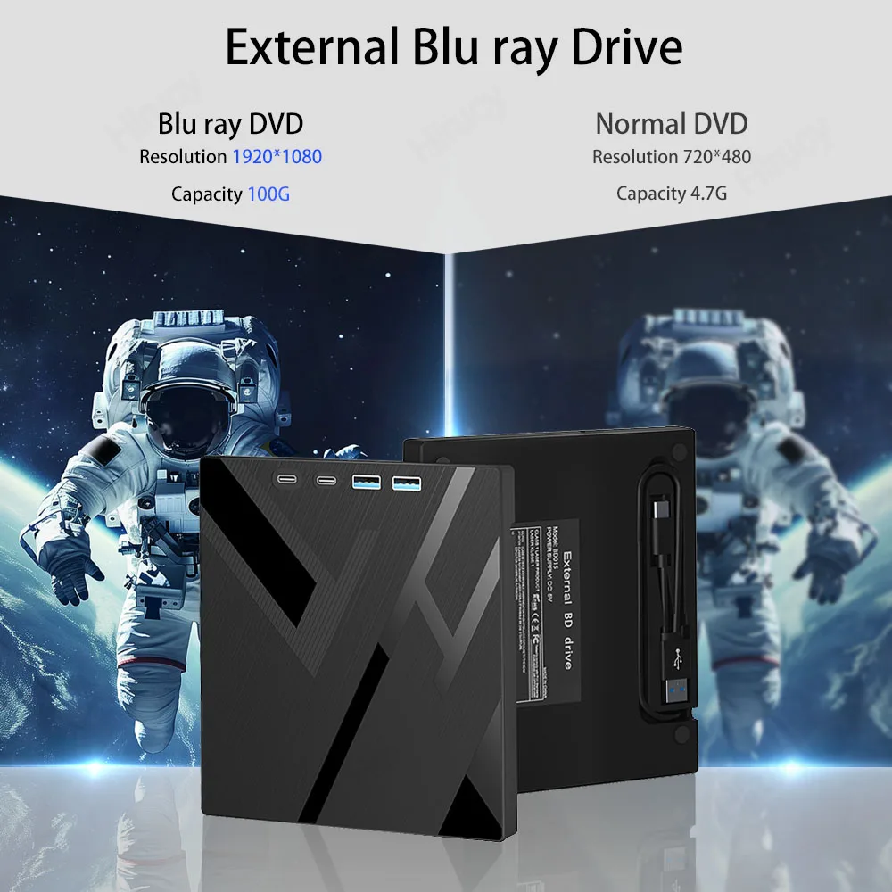 USB 3.0 Type-C External Blu-ray Optical Drive for Laptop PC Portable BD DVD CD -/+RW Player Burner Reader with SD/TF Card Slot