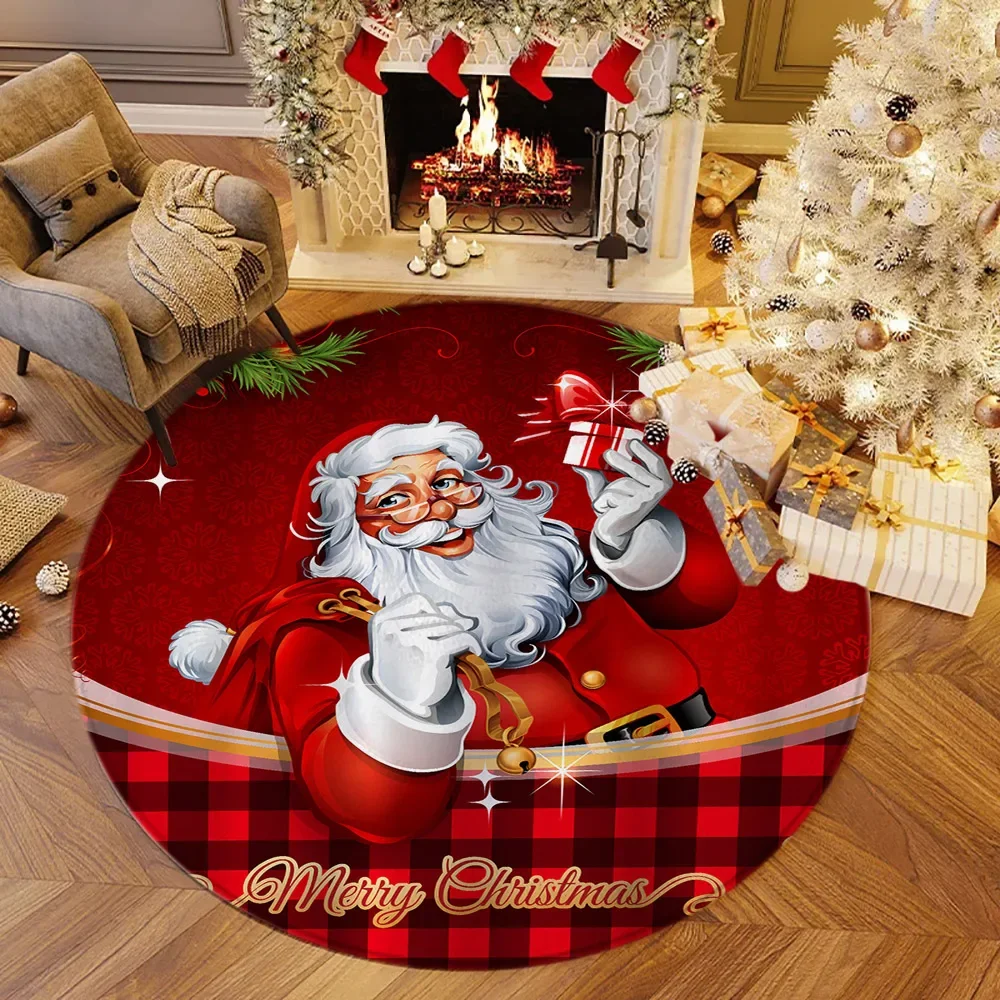 Cartoon Christmas Round Floor Mat Santa Claus Elk Snowman Winter Farm Circular Carpet Living Room Bedroom Chair Decor Rug