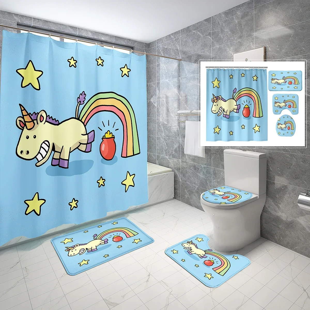4 PCS Cartoon Unicorn Shower Curtain Sets,Girls Cute Rainbow Unicorn Non-Slip Bath Mat Toilet Cover Bathroom Shower Curtain Set