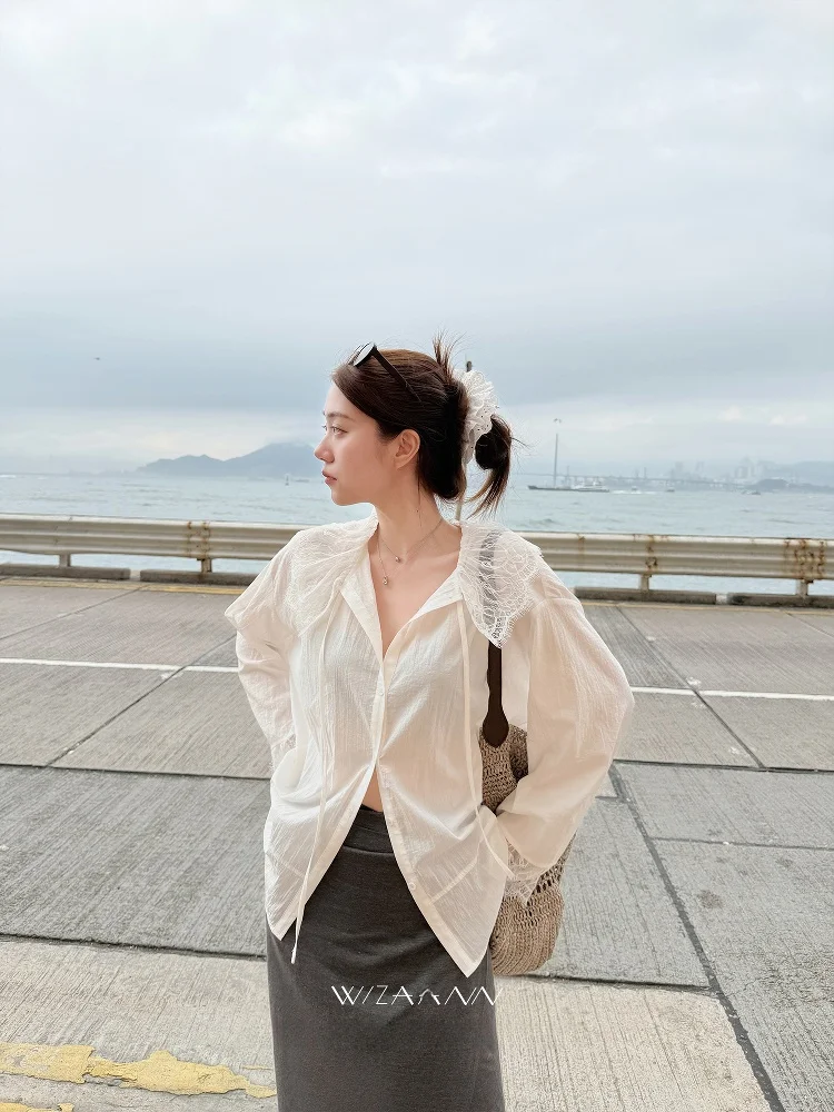 

Летний тонкий топ WizAann с кружевным воротником, свободного кроя, из смесового хлопка и нейлона, для женщин, на каждый день, весенний, прозрачный, в стиле «девушка»