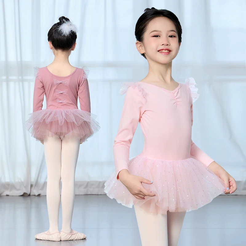 Girls Kids Ballet Leotards Ballet Tutu Dress Long Sleeve Dance Bodysuits Child Pink Birthday Puffy Skirts