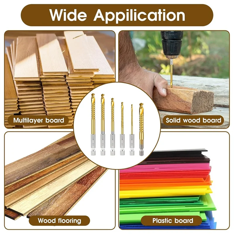 

ABGH-6Pcs Titanium Coated HSS Twist Drill Bits, 3-8Mm Hex Shank Serrated Cutting Drill Bit Spiral Saw Drill Bit