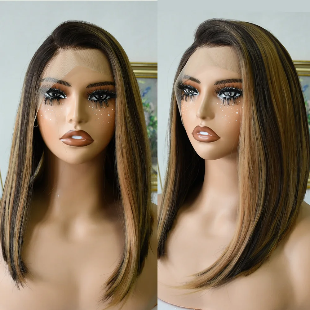 قصيرة بوب الدانتيل الباروكة تسليط الضوء على أومبير شقراء مستقيم الدانتيل شعر مستعار أمامي 13X4 HD غلويليس قبل قطعها العسل شقراء الاصطناعية للنساء