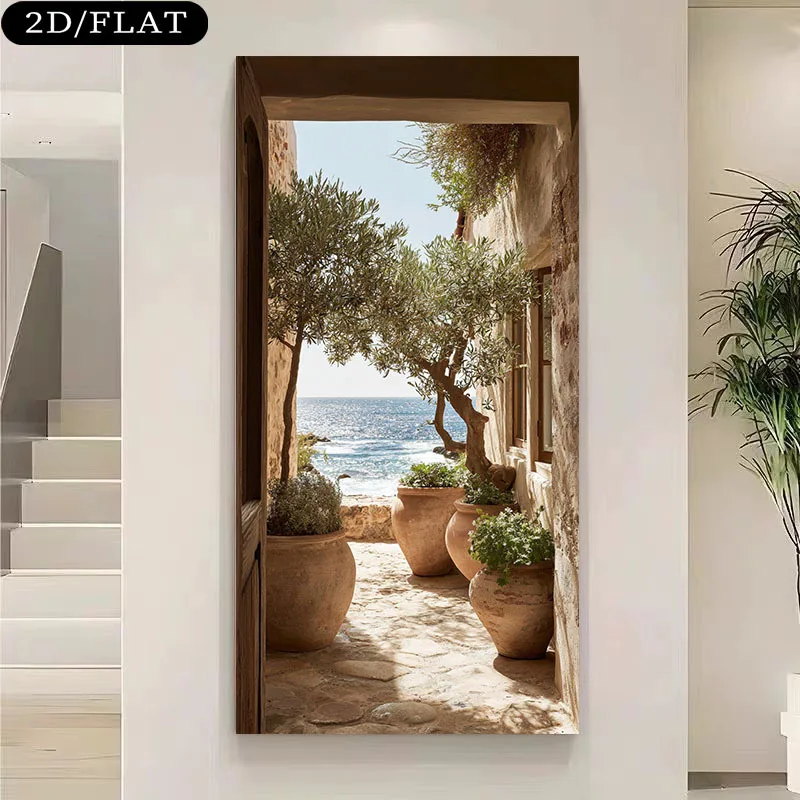 

2D Flat Large Modern Coastal Canvas Wall Art - Unframed Mediterranean Sea Olive Tree Landscape Prints for Living Room Decortions