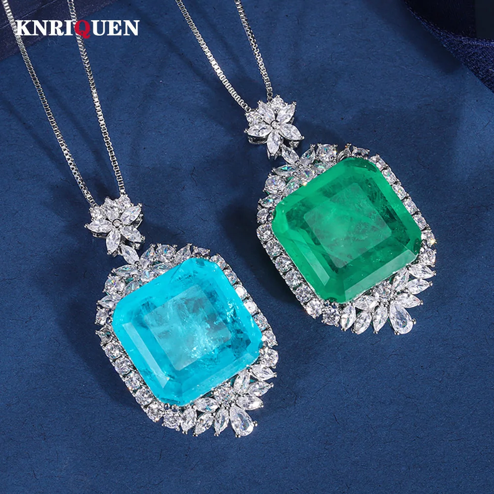 Vintage 18*18mm Emerald Paraiba Tourmaline Big Pendant Necklace for Women Lab Diamond Gemstone Cocktail Party Fine Jewelry Gift