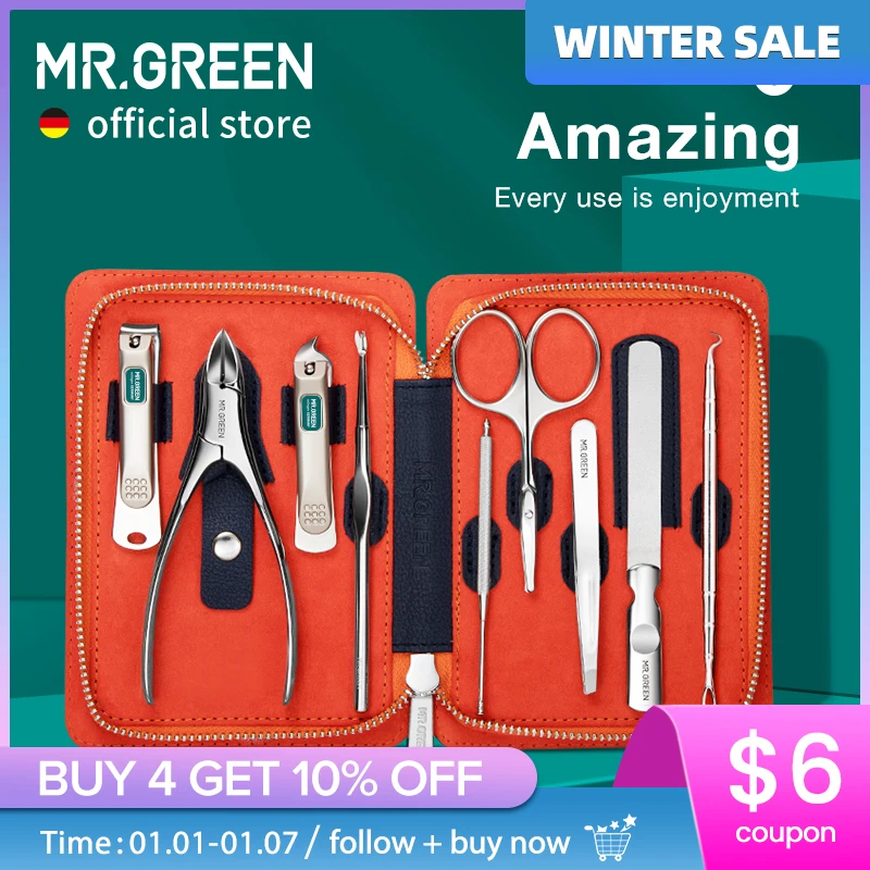 MR.GREEN Manicure Set 9 in 1 Professional Practical Kit With leather case Stainless Steel Nail Clippers Personal Care Tool