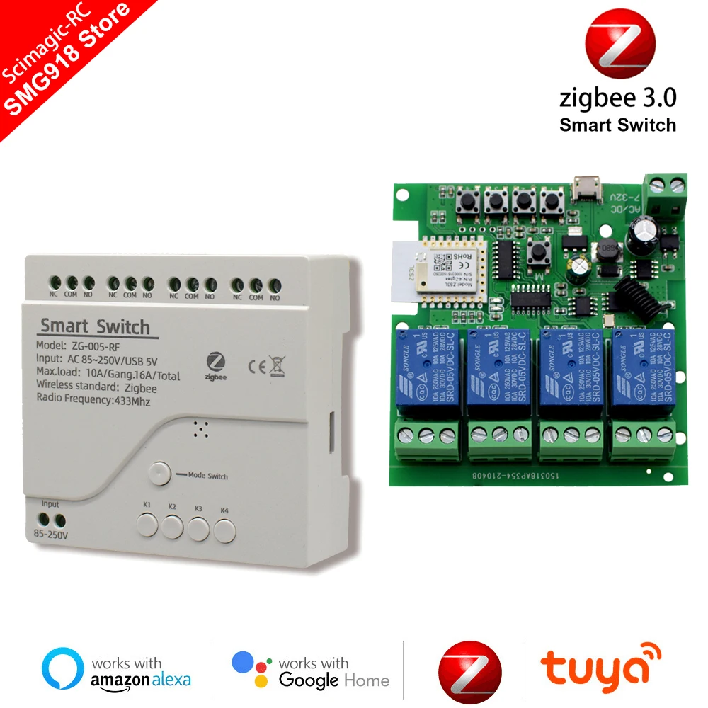 1 2 4 Channel Zigbee Tuya Smart Relay Module Light Switch DC5V 7-32V AC85-250V 220V RF433Mhz Remote Control On Off Controller