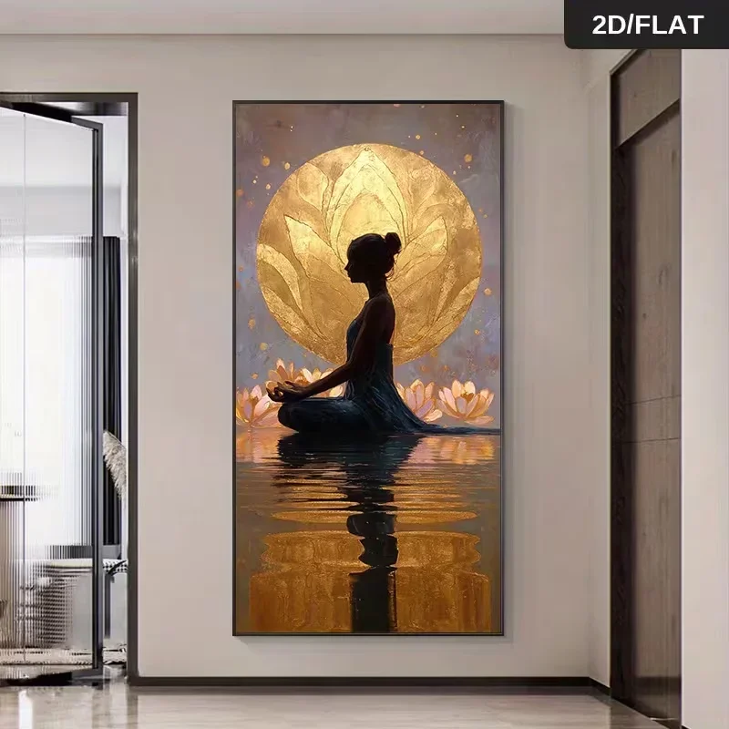 Large-sized 1pc frameless Canvas Painting 2D Flat 1pc 27.56*55.12in/70cm*140cm Modern Abstract Woman Meditating on for Lotus Flo