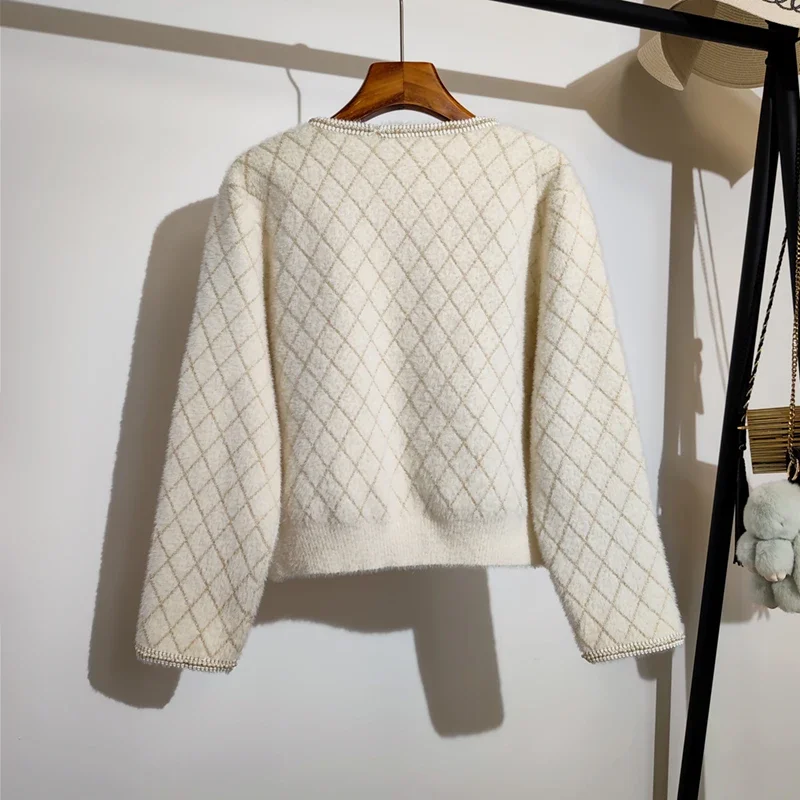 Heldere Zijden Trui Vest Dames Herfst Winter Nieuwe Losse Lange Mouwen Korte Plaid Gebreide Top Vrouwelijke O-hals Jas