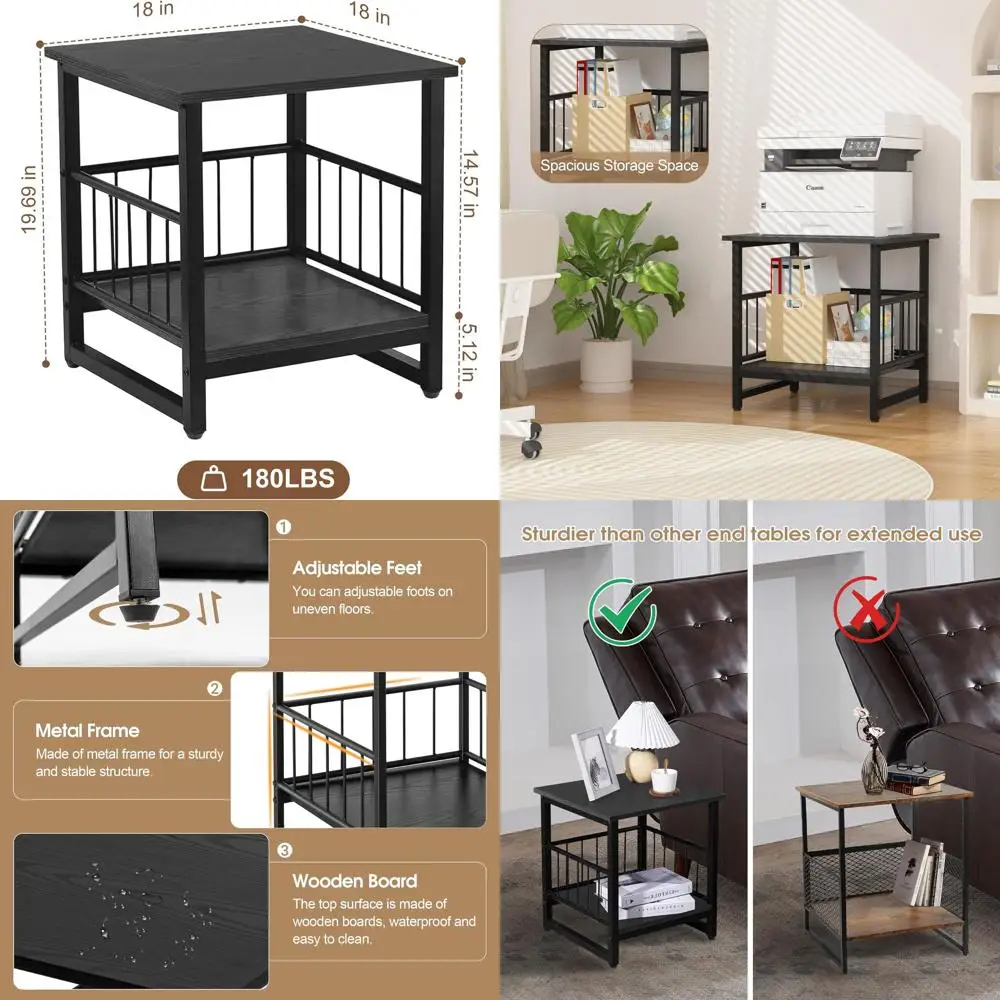 

Industrial-Style 2-Tier End Table with Storage, Adjustable Feet, and 180LBS Capacity for Mini Fridge, 18x18 Wooden Nightstand