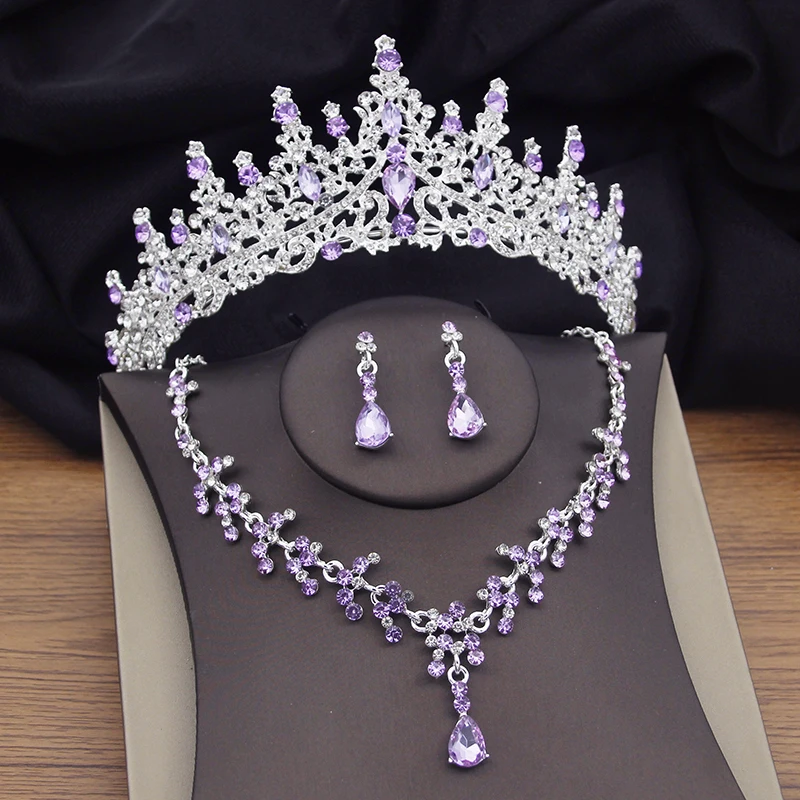 Fashion Purple Crystal Bridal Jewelry Sets for Women Tiaras Earrings Necklaces Prom Wedding Crown Jewelry Set