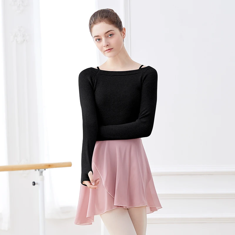 Donne ballerine maglione termico grigio danza Crop top balletto cappotto lavorato a maglia maglione manica lunga scollo a barca danza maglione inverno