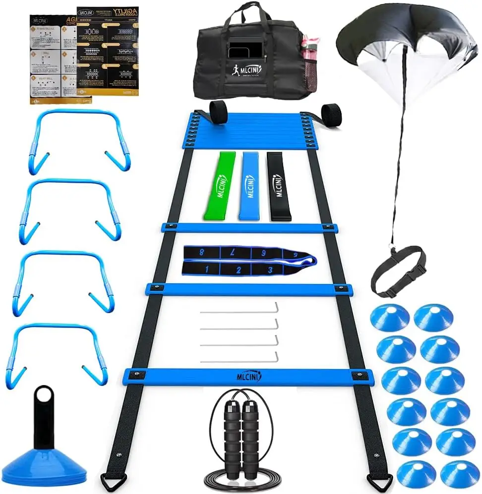 

Complete Agility Training Set with Ladder, Parachute, Hurdles, Cones & Bands for Youth and Adults