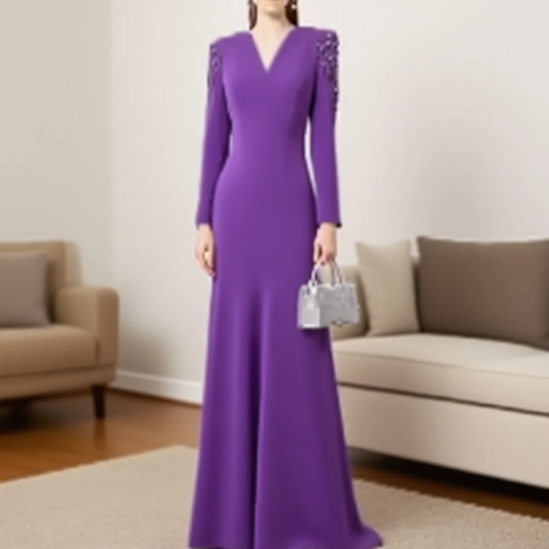 

Customized exquisite long-sleeved V-neck mermaid evening dress for ladies, suitable for formal parties and dance events.
