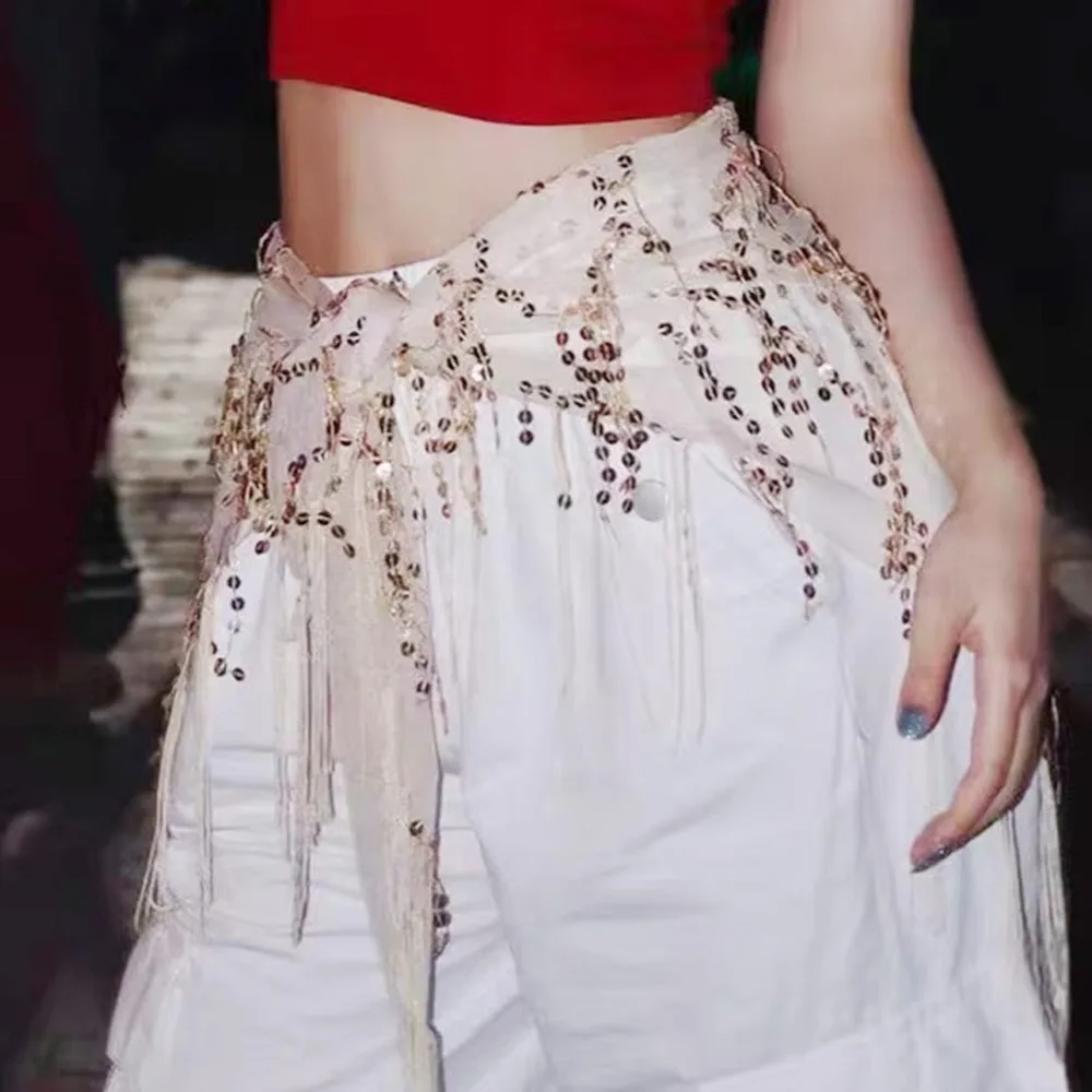 ファッションスパンコールベリーダンスベルトタッセルストリートダンスヒップスカーフショーコスチュームジャズダンスウエストチェーン女性用