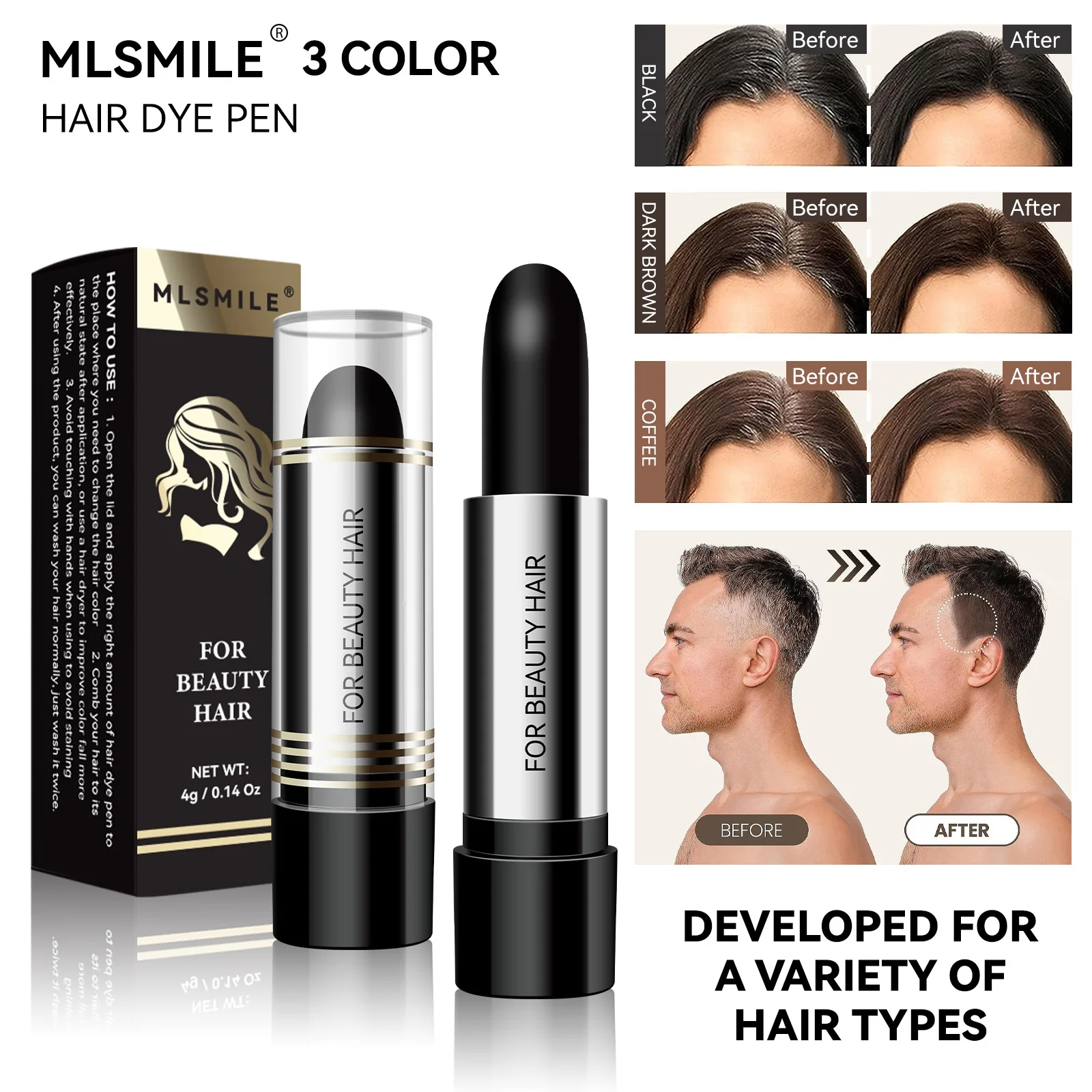 MLSMILE Einweg-Haarfarbstift zur Abdeckung von weißem Haar, Koteletten, temporäre Haarfärbemittel, schnelle Farbe, Komplement-Lippenstift-Stil