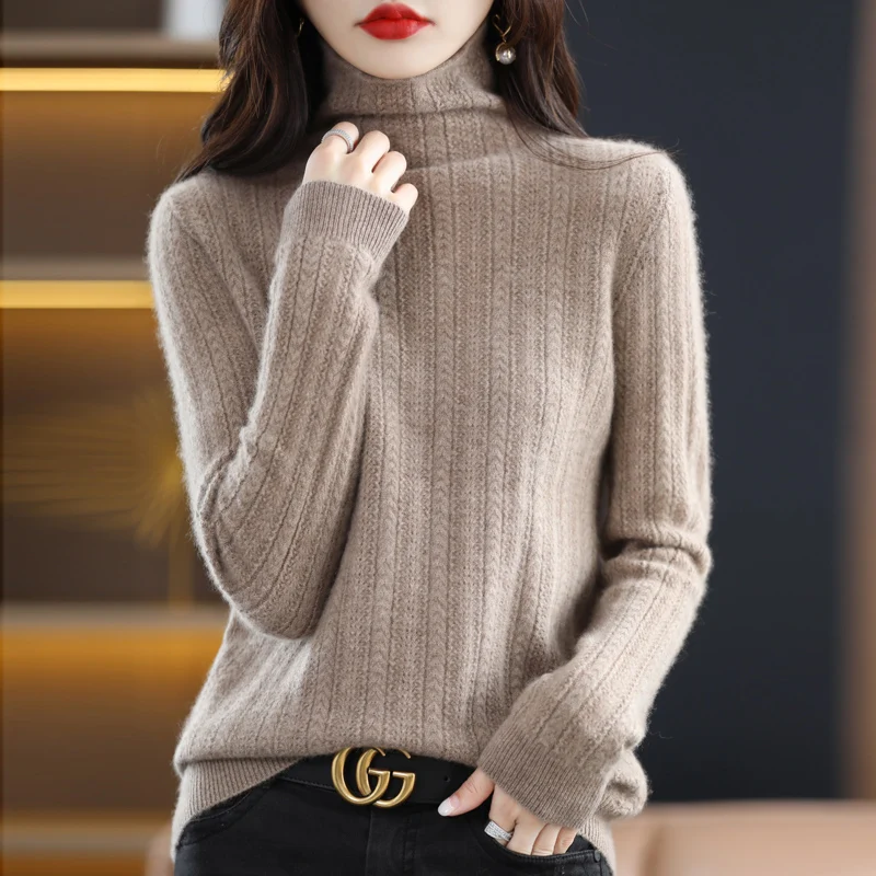 

100% Pure Wool Cashmere Sweater Women's High Neck Pullover Fashion Slim Fitting Woven Top 2023 Autumn/Winter Korean Version