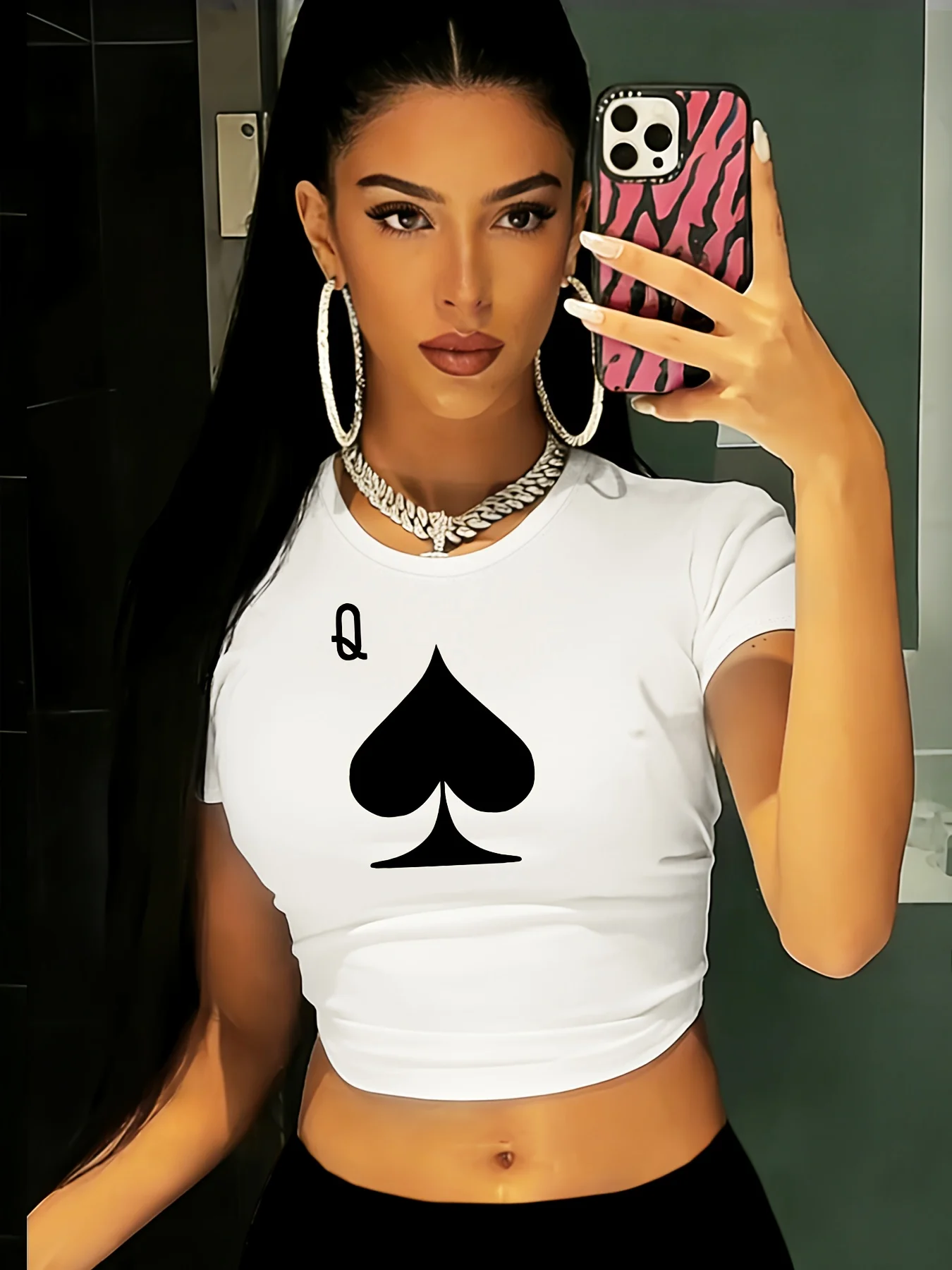 Women's White Crop Top with Black Spade Print for Casual Wear Crop Top Blouse Everyday Comfort Harajuku Sleeve Aesthetic Clothes