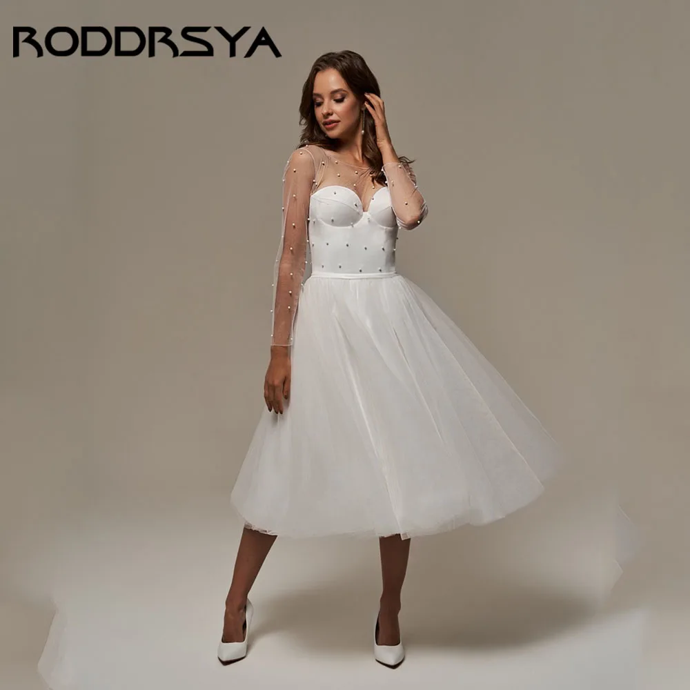 

RODDRSYA A-Line Wedding Dress Long Sleeve Tea-Length Pearls Simple Bride Party Gowns Backless Lace Up robe de mariée Customized