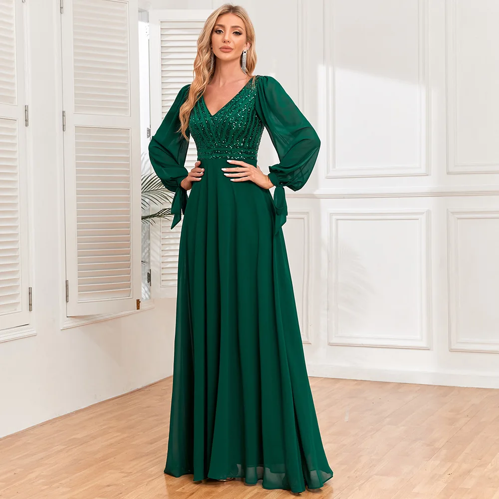 New Long sleeved Lace up High Quality Double V-neck Bead Panel Chiffon A-line Large Display Fully Lined Party Evening Dress