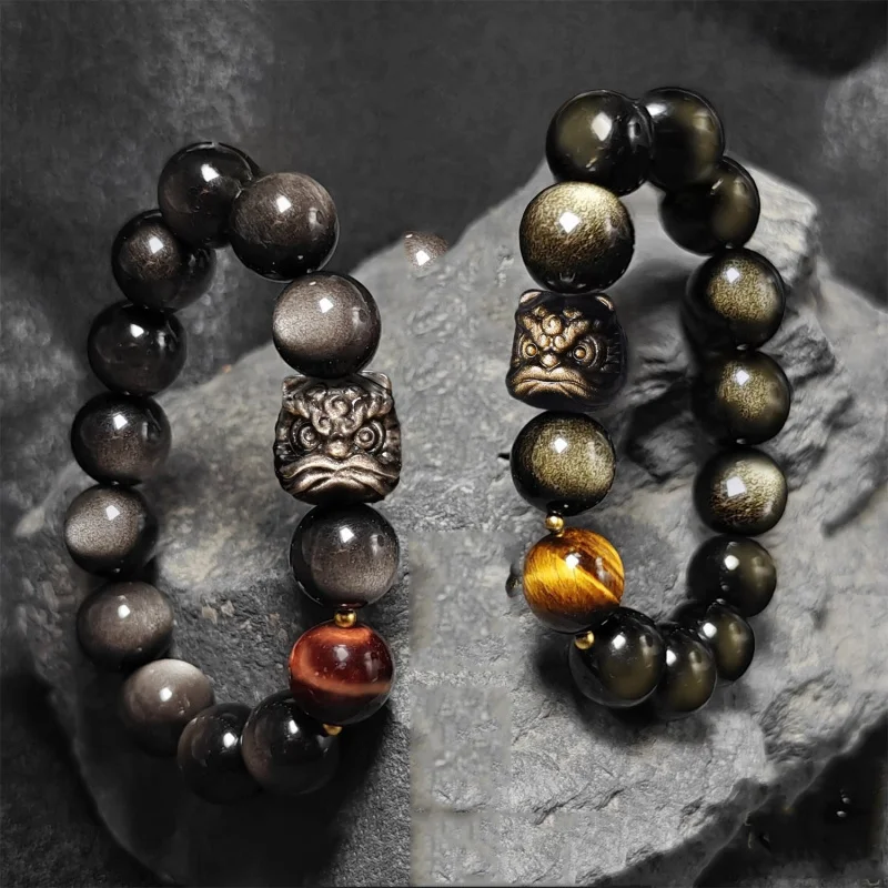 

Natural Silver Bracelet National Trend Lion Awakening Gold Obsidian Jewelry