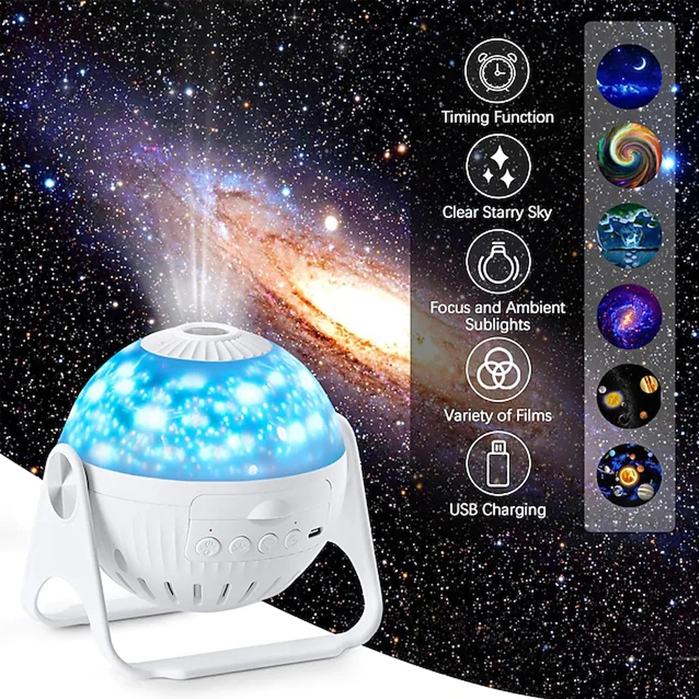 Luzes de projetor planetário LED Galaxy Star Projeção Lâmpada 7 em 1 com Nebulosa Lua Planeta Aurora 360 Rotação Focagem