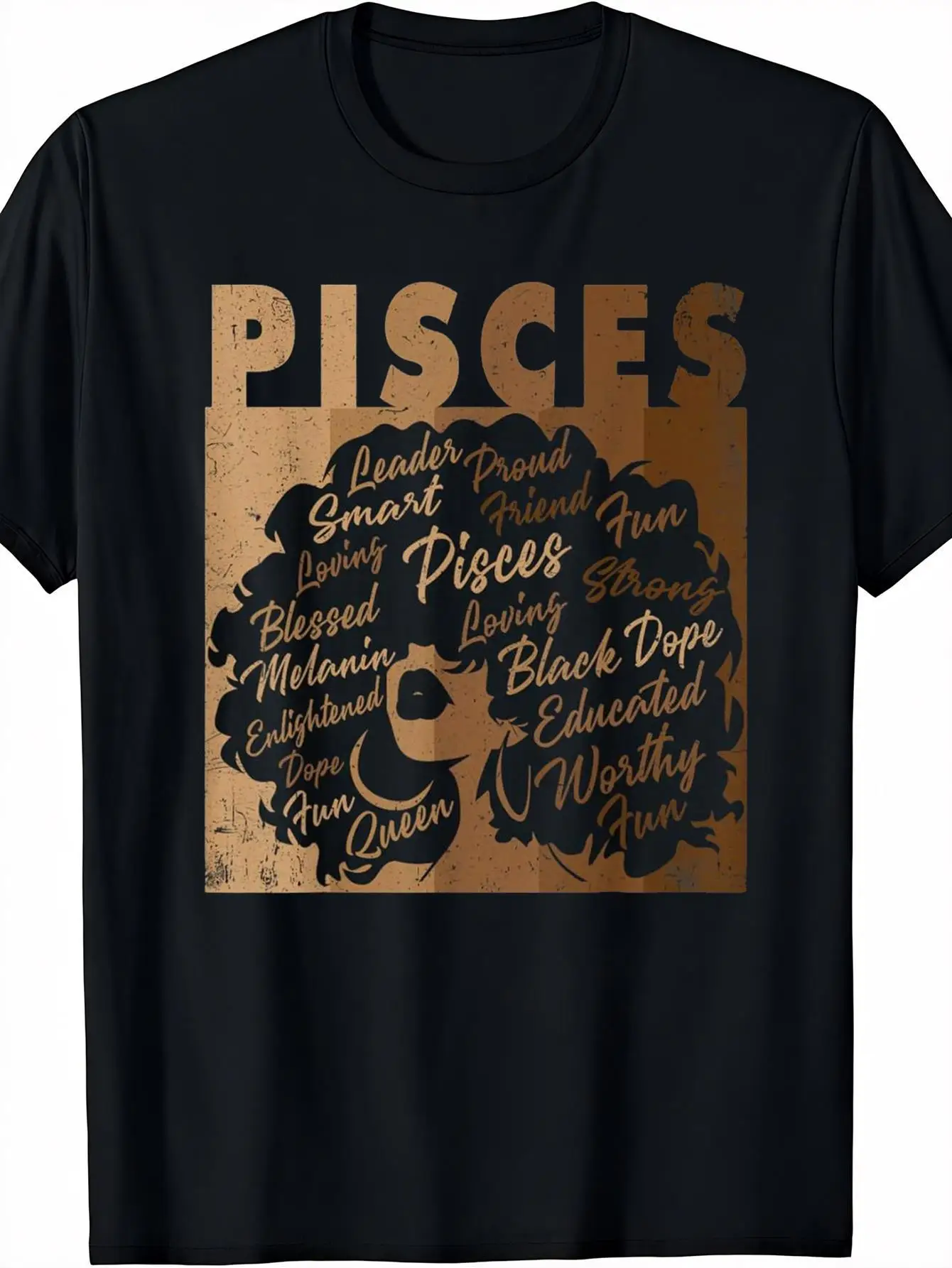 Graphic T-Shirt for Women Featuring The Pisces Zodiac Sign - a Completely Loose-Fitting Black Top with Short Sleeves And Round Neck, Showcasing Pisces Characteristics And Astrological Symbols. It'S a Breathable Casual And Party Outfit, Plus Size