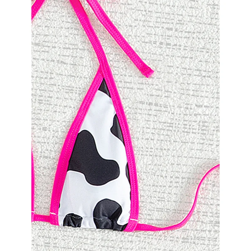 Damski strój kąpielowy dwuczęściowy bikini z wiązaniem na szyi, czarno-biały wzór krowy, seksowny mikro trójkąt z narzutką.