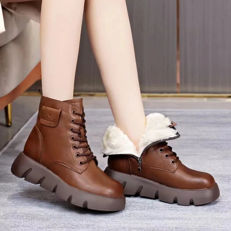 

Womens Short Boots Leather Comfortable Ankle Boots Waterproof Thick-soled Padded Warm Women Shoes Casual Platform Boots