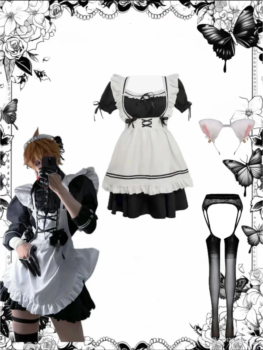 plus Size Male Servant Costume Sexy Apron  Ear Transformation Crossdresser Maid Uniform Short Cosplay Outfit Female Servant