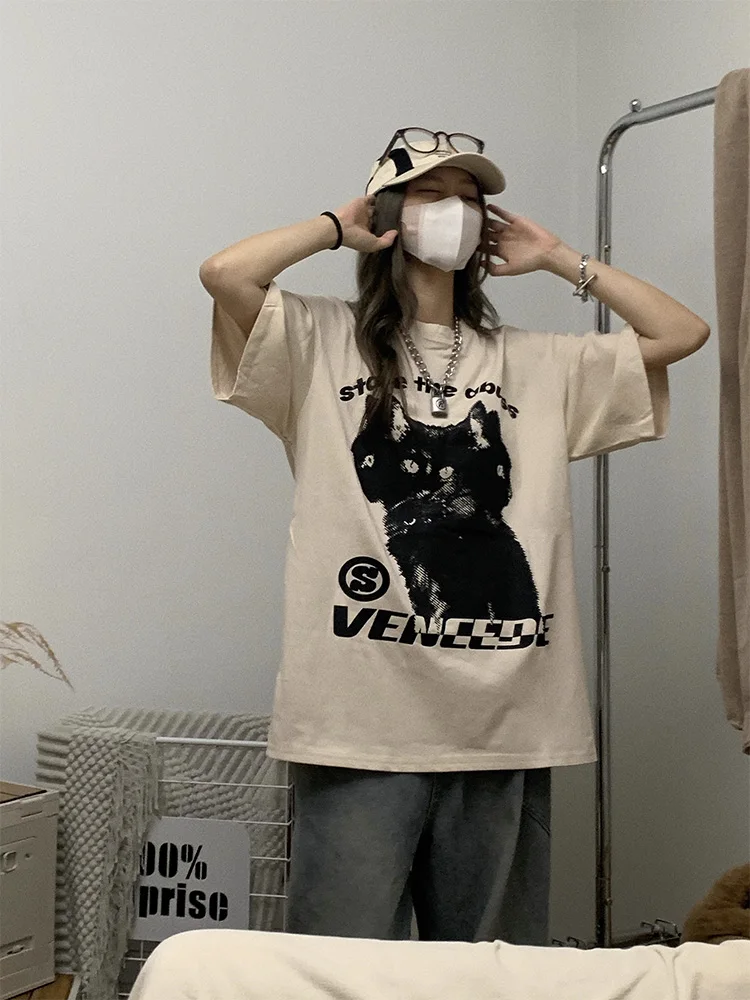 Men T-Shirt Oversized Streetwear Hydra Cat Graphic Cotton Hip Hop Y2k Tops Short Sleeve Tees Korean Fashion Aesthetic Clothing