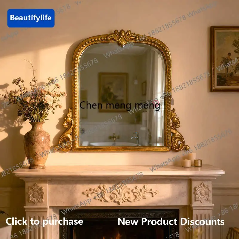 M183 European retro bathroom mirror wall hanging carved arch makeup mirror living room entrance decorative mirror