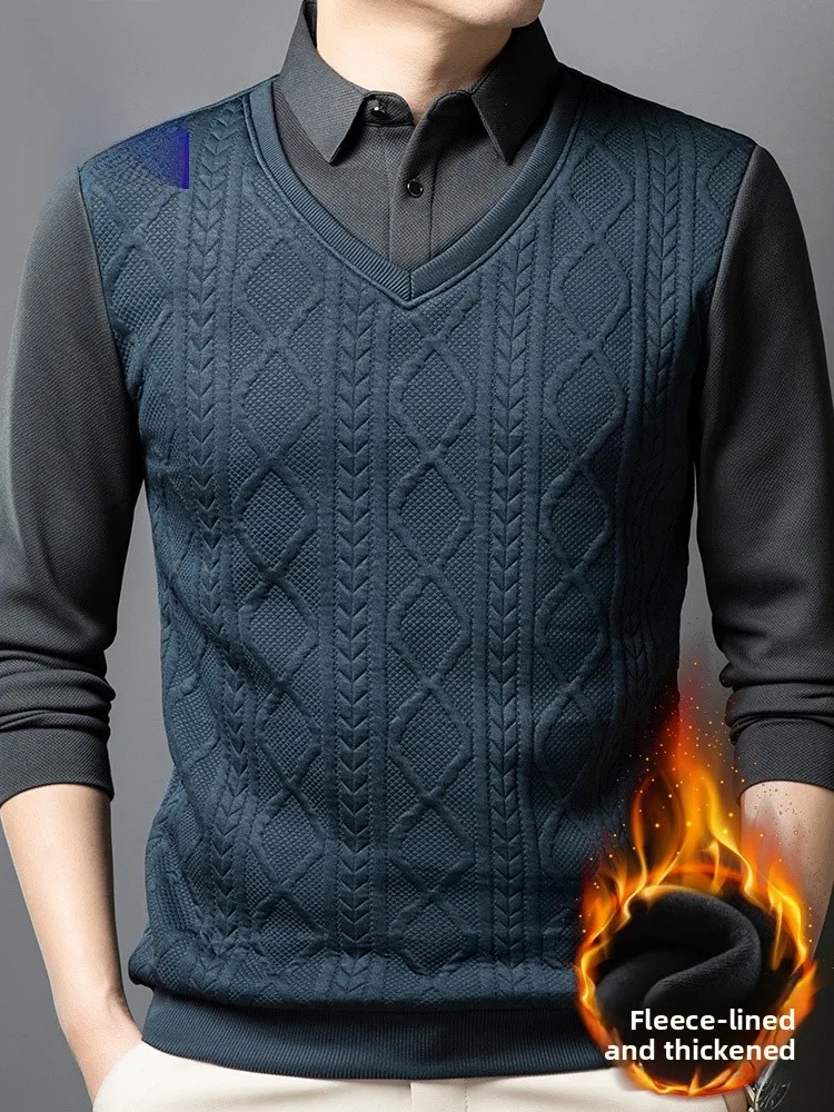 

Rn Fce Lined Thiened Casual Knitted Patchwork Long Sve Busin Underwear Men's Faion Ci Sle Winter irt