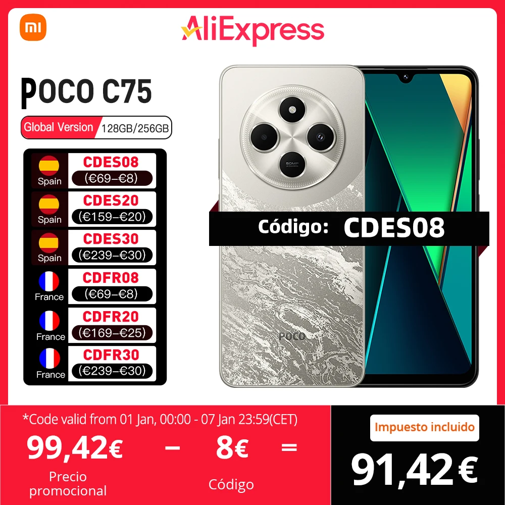 Xiaomi POCO C75 European Version 128GB/256GB Helio G81-Ultra Triple Camera 6.88 inch, 120Hz, 5160mAh Battery NFC