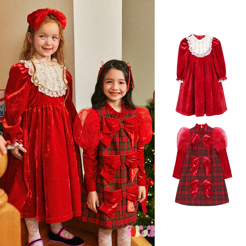 

Children's Dress 23 Winter BE Girls Christmas Red Velvet Lace Dress Girls Lolita Princess Dress Kids Party Dress