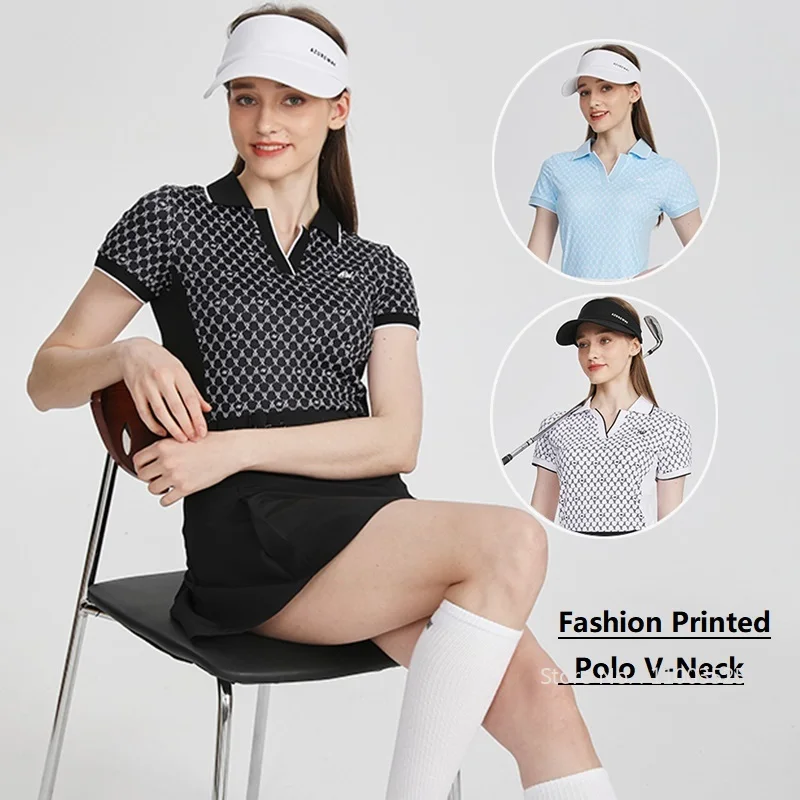 

Azureway 2025 Summer Women's Golf Shirts V-neck Print Short Sleeve T-Shirt Quick Dry Ultralight Breathable Tops S-XXL