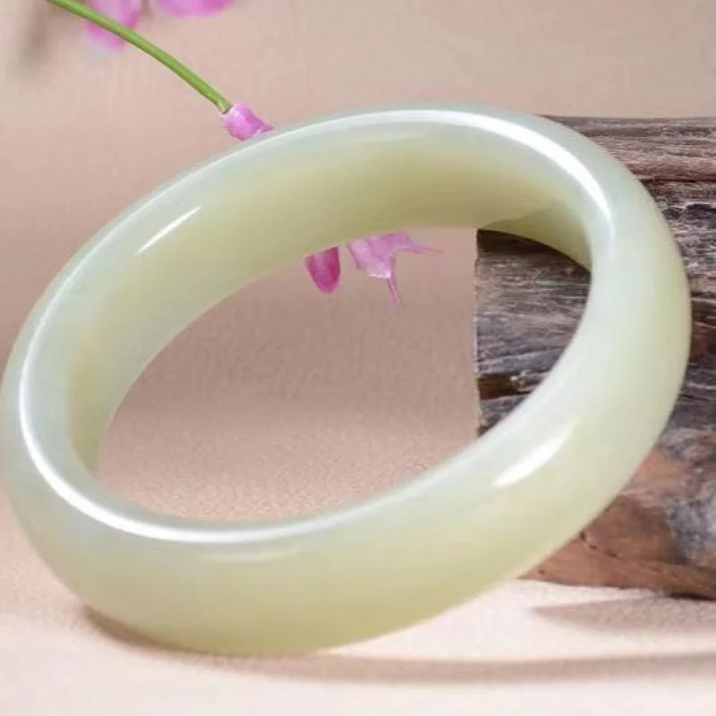 Hotan Green-White Jade Bracelet Women, Natural Flat Jadeite Bangle