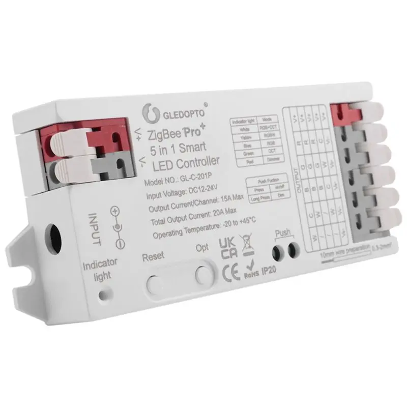 GLEDOPTO Zigbee 3.0 LED Controller 5In1 Dimmer 12V 24V 20A RGB/RGBW/RGBCCT/CCT LED Strip Light Alexa Tuya Smart APP, Durable
