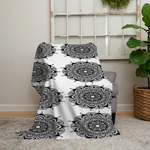 Realhomes White Ground Flower Mandala Patterned Chenille Sofa Throw